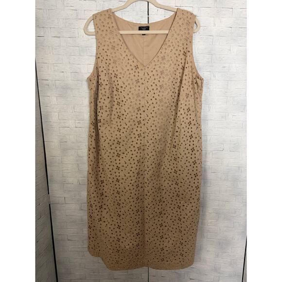 Talbots women’s dress V-neck tan eyelet aline feminine floral cotton plus size  - Picture 1 of 9